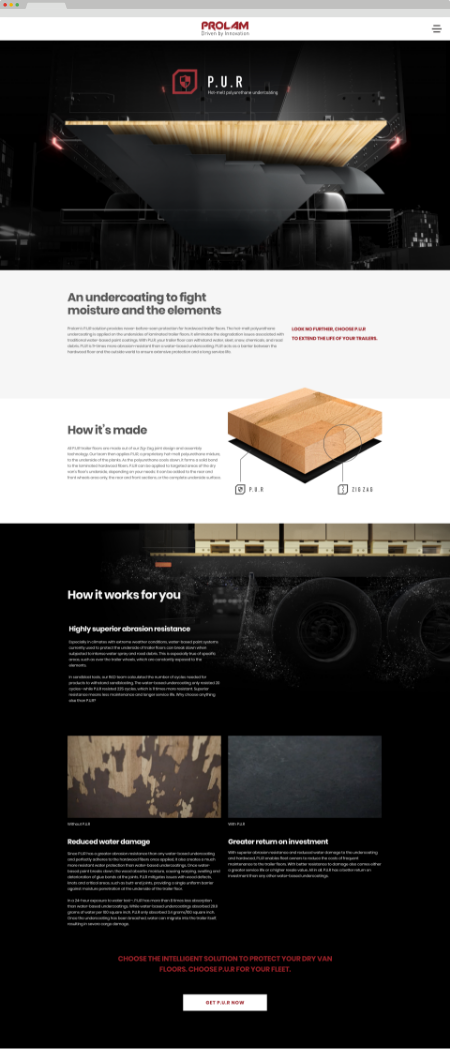 Website mockup of the Prolam site made in software and showing the P.U.R page