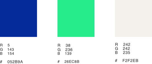 Carrés de couleurs bleu, vert et blanc montrant la palette de couleurs des outils de communication de Purkinje