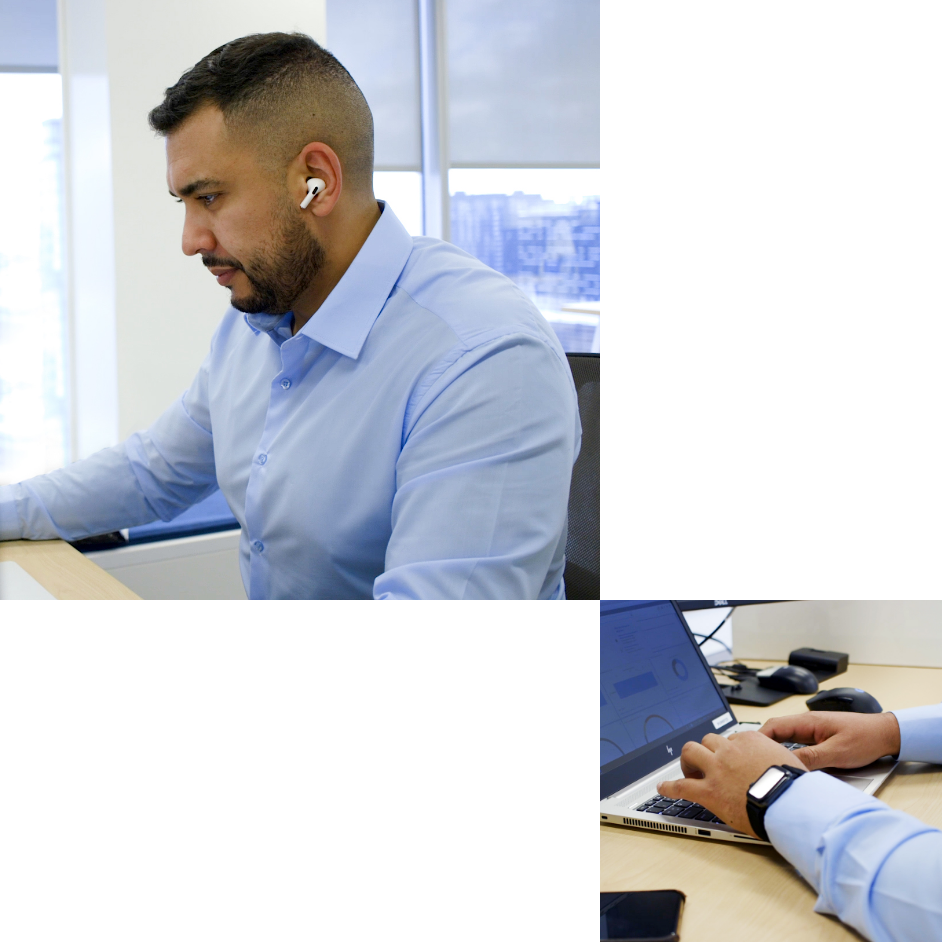 Photo of a man wearing headphones working on his computer and photo of a laptop with 2 hands on it