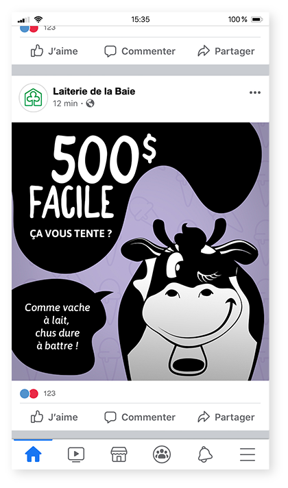 Publication du concours sur le Facebook de la Laiterie de la Baie