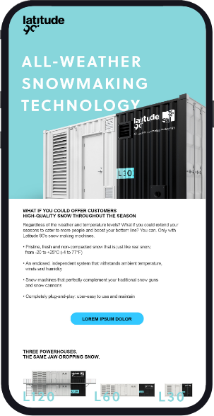 In a cell phone, visual showing a newsletter with the title All-Weather snowmaking technology. Machine L30 header