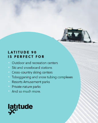 Snow groomer above a ski slope. Visual showing all the areas in which Latitude 90 snow machines can work