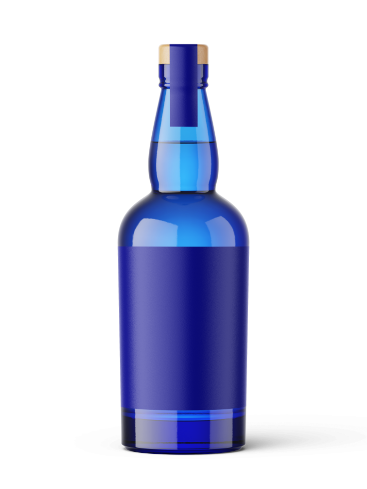 Grosse bouteille bleue en verre avec bouchon beige et étiquette noire sans nom