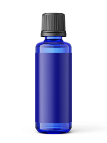 Petite bouteille bleue en plastique avec bouchon noir et étiquette noire sans nom