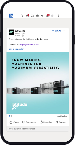 Dans un téléphone portable, publication Linkedin montrant les machines à neige L30, L60 et L120. Visuel qui a pour titre Snow making machine for maximum versatility
