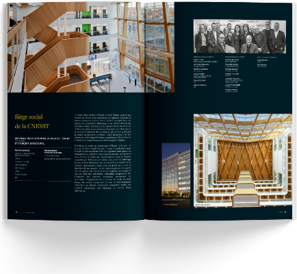 Double-page of the Cecobois Excellence Award magazine showing the CNESST head office project