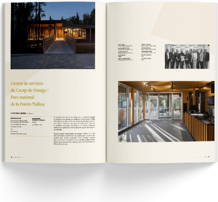 Double-page du magazine Prix d'excellence Cecobois montrant le projet du Centre de services du Camp-de-Touage