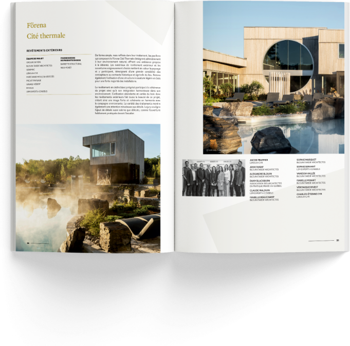 Double-page du magazine prix d'excellence Cecobois montrant le projet Forena cité Thermale
